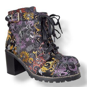 Diba Asian Floral Embroidered Lace Up Block Heel Combat Boots Zip Side Size 8